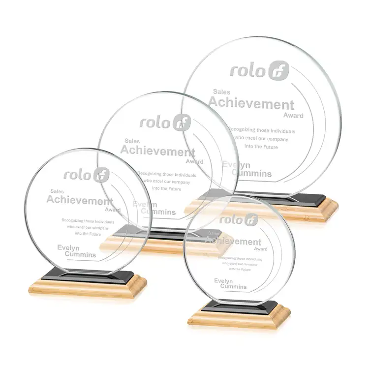 Victoria Starfire Crystal Award - Disc on Bamboo Base - Deep Etch