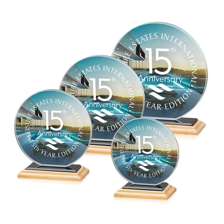 Trophée Victoria en cristal Starfire - Disque sur socle bambou - Multicolore