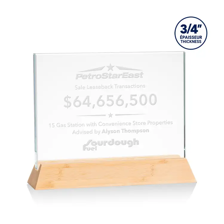 Walkerton Starfire Crystal Award on Bamboo Base - Horizontal - Deep Etch #2