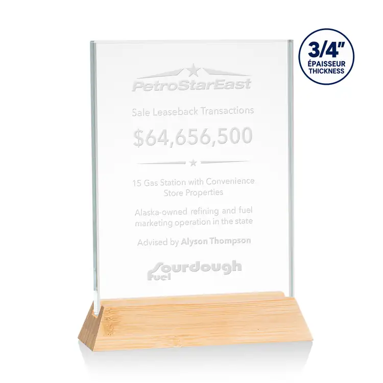 Walkerton Starfire Crystal Award on Bamboo Base - Vertical - Deep Etch #2