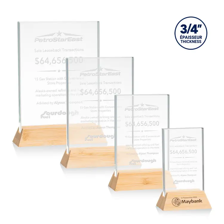 Walkerton Starfire Crystal Award on Bamboo Base - Vertical - Deep Etch