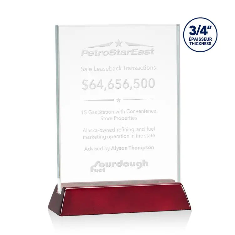 Walkerton Starfire Crystal Award on Piano Rosewood Finish Base - Vertical - Deep Etch #2