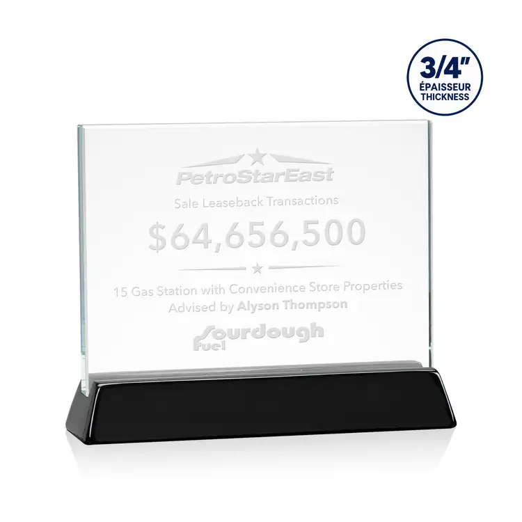 Walkerton Starfire Crystal Award on Piano Black Finish Base - Horizontal - Deep Etch #2