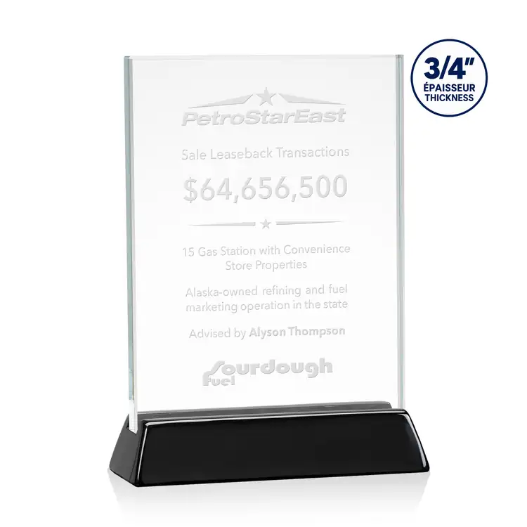 Walkerton Starfire Crystal Award on Piano Black Finish Base - Vertical - Deep Etch #2