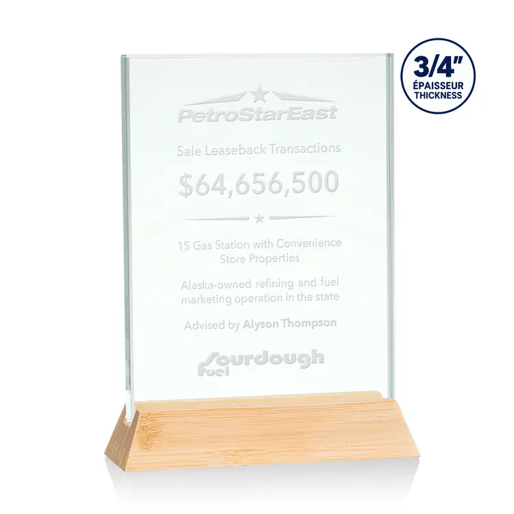 Walkerton Jade Glass Award on Bamboo Base - Vertical - Deep Etch #2
