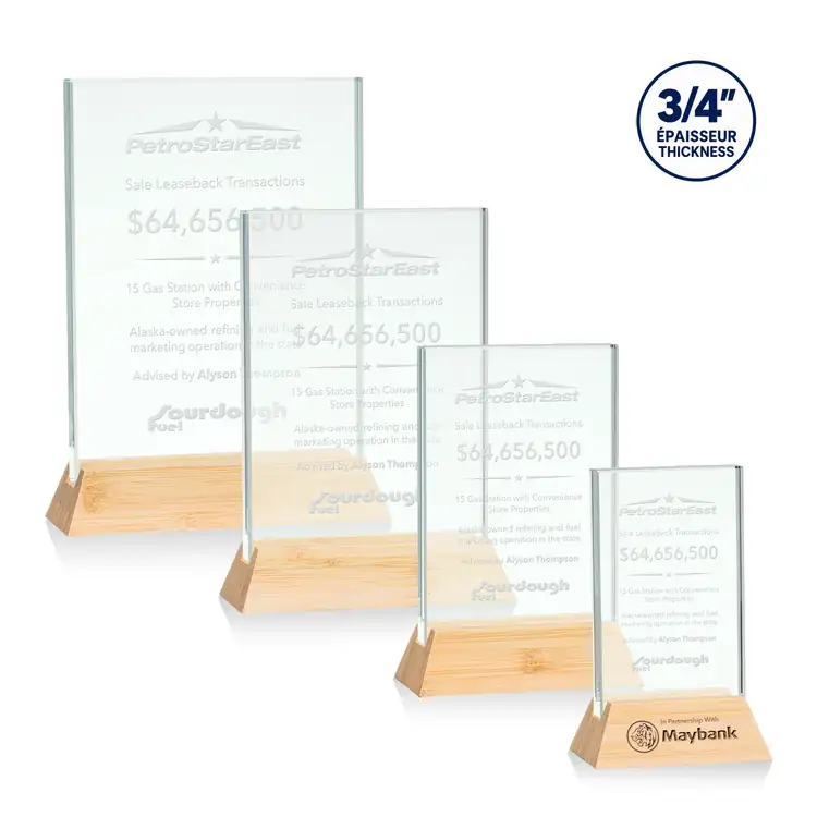 Walkerton Jade Glass Award on Bamboo Base - Vertical - Deep Etch