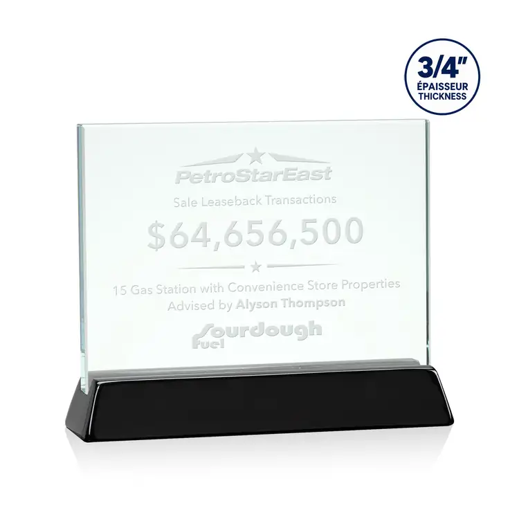 Walkerton Jade Glass Award on Piano Black Finish Base - Horizontal - Deep Etch #2