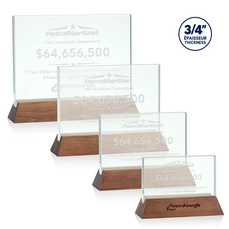 Walkerton Jade Glass Award on Walnut Base - Horizontal - Deep Etch