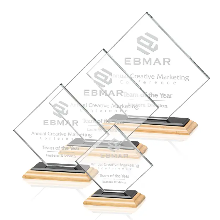 Wellington Starfire Crystal Award on Bamboo Base - Deep Etch