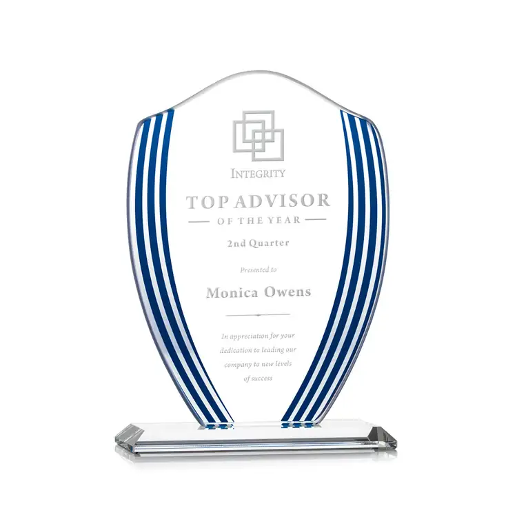 Margate Starfire Crystal Shield Award with Blue Accents - Deep Etch #2