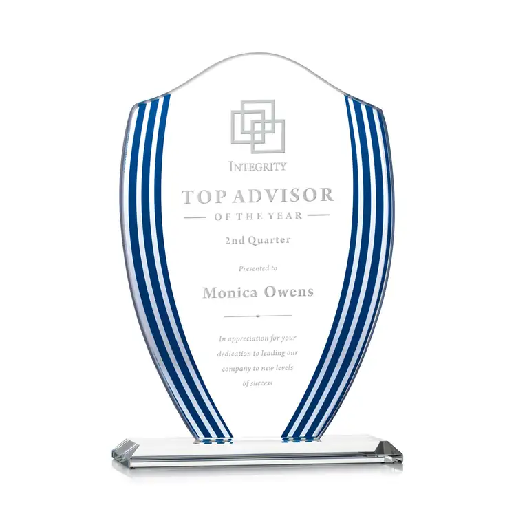 Margate Starfire Crystal Shield Award with Blue Accents - Deep Etch #3