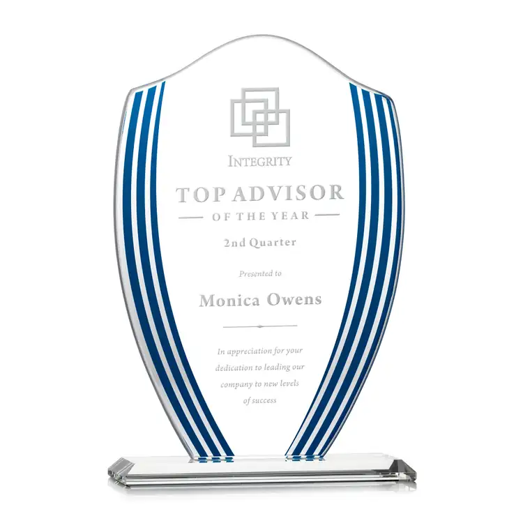 Margate Starfire Crystal Shield Award with Blue Accents - Deep Etch #4