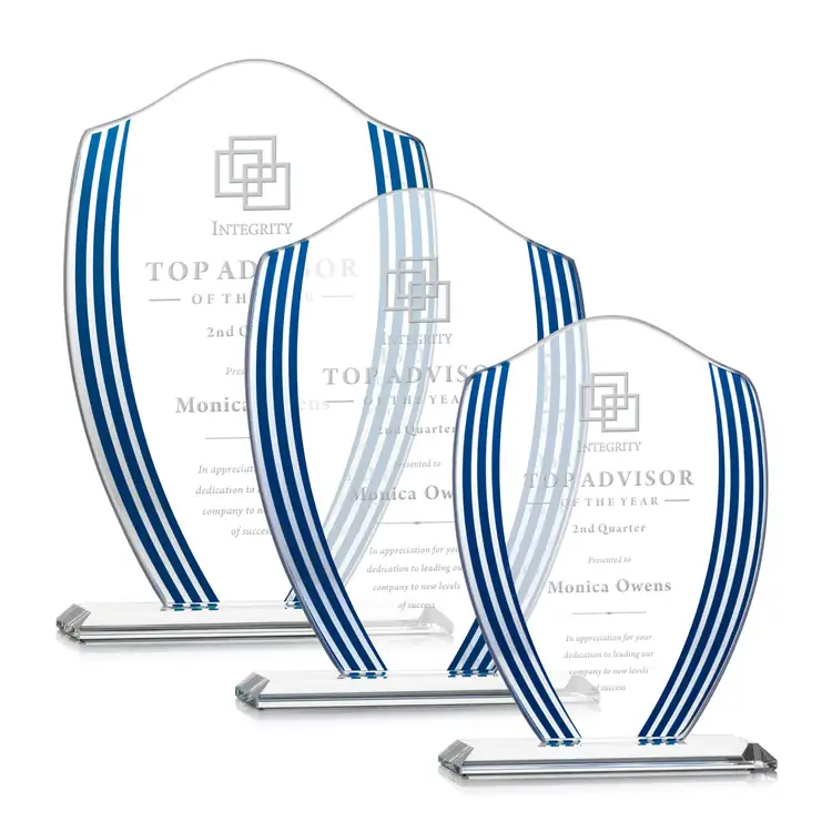 Margate Starfire Crystal Shield Award with Blue Accents - Deep Etch