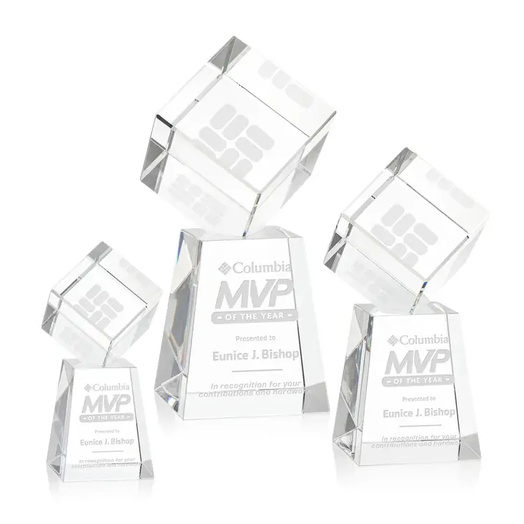 Burrill Optical Crystal Cube Award on Celestina Base - Deep Etch