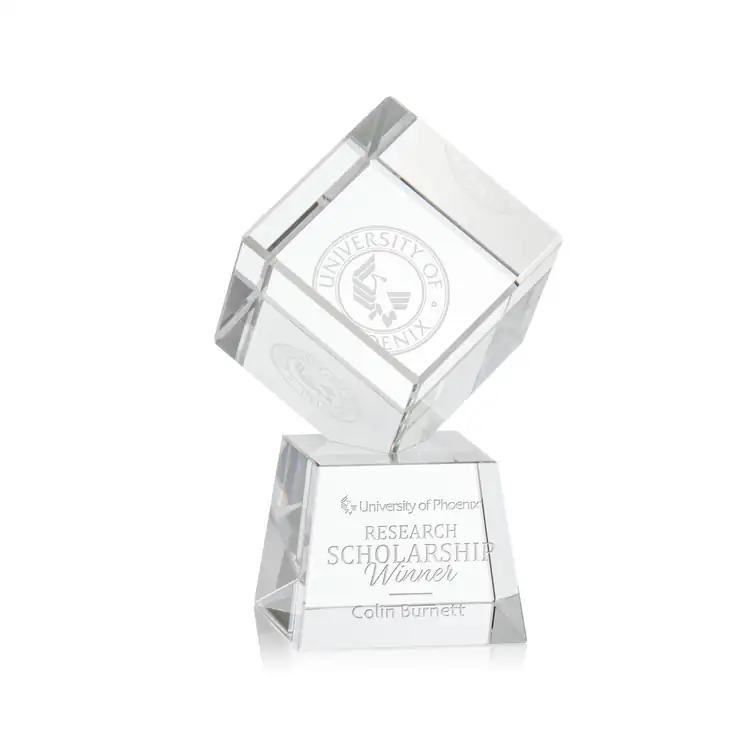 Trophée cube Burrill en cristal optique sur socle Robson - Gravure #2