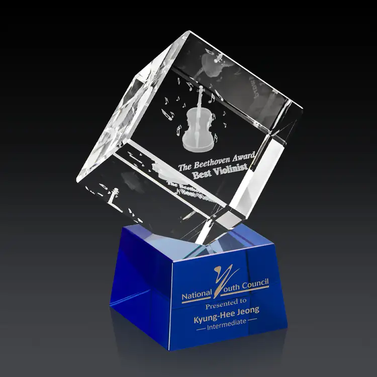Burrill Optical Crystal Cube Award on Robson Base - 3D Subsurface Engraving #11