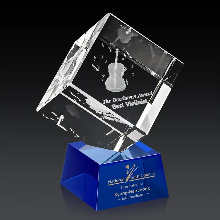 Burrill Optical Crystal Cube Award on Robson Base - 3D Subsurface Engraving #12