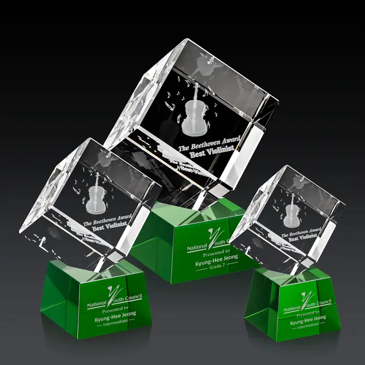 Burrill Optical Crystal Cube Award on Robson Base - 3D Subsurface Engraving #13
