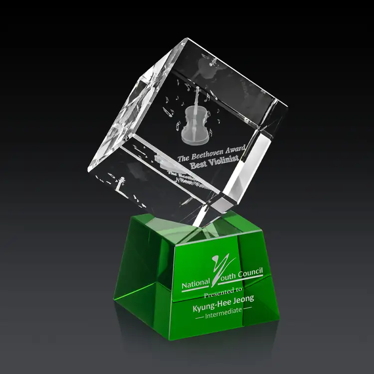 Burrill Optical Crystal Cube Award on Robson Base - 3D Subsurface Engraving #14