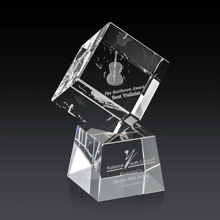 Burrill Optical Crystal Cube Award on Robson Base - 3D Subsurface Engraving #2