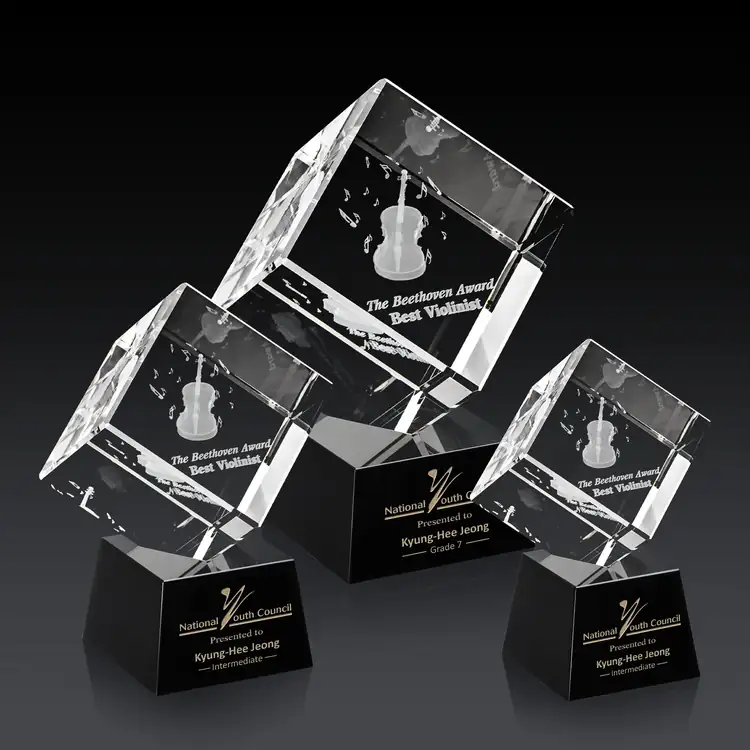Burrill Optical Crystal Cube Award on Robson Base - 3D Subsurface Engraving #5