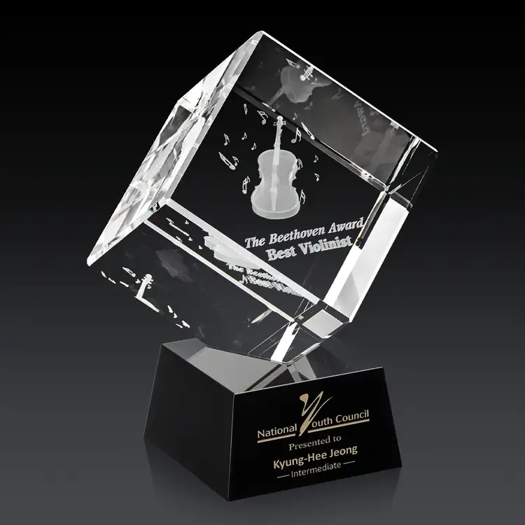 Burrill Optical Crystal Cube Award on Robson Base - 3D Subsurface Engraving #8