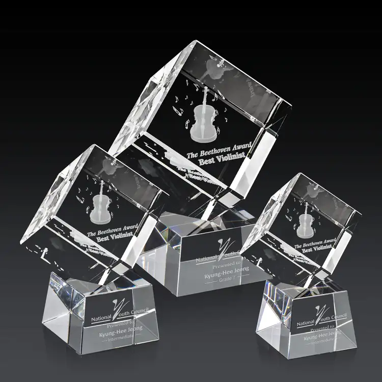 Burrill Optical Crystal Cube Award on Robson Base - 3D Subsurface Engraving