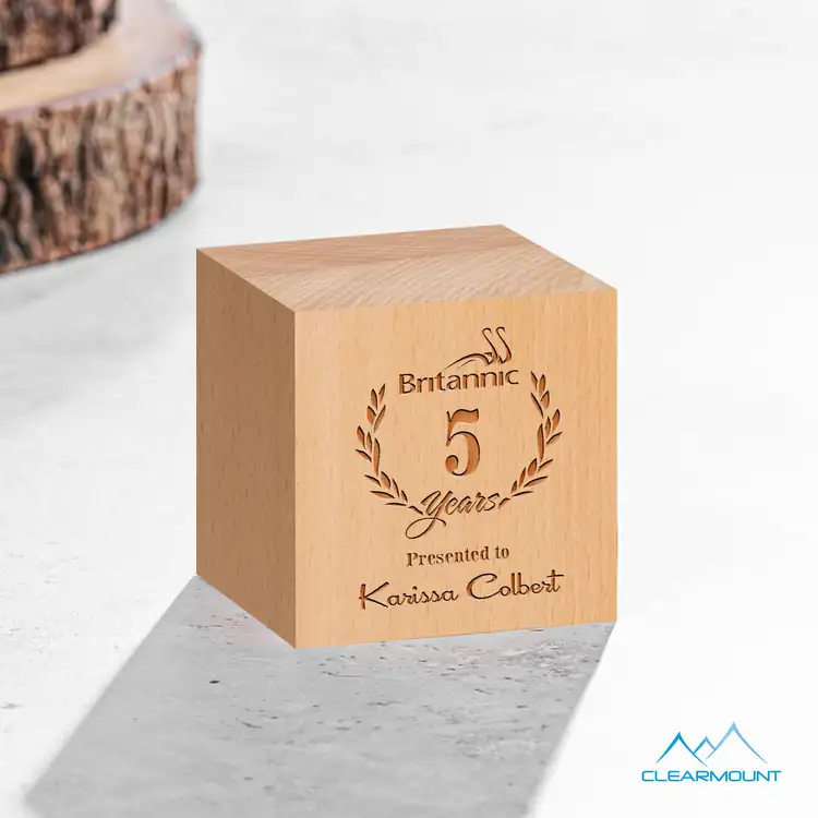 Clearmount Feuille Wooden Cube Award - Laser Engraved #2