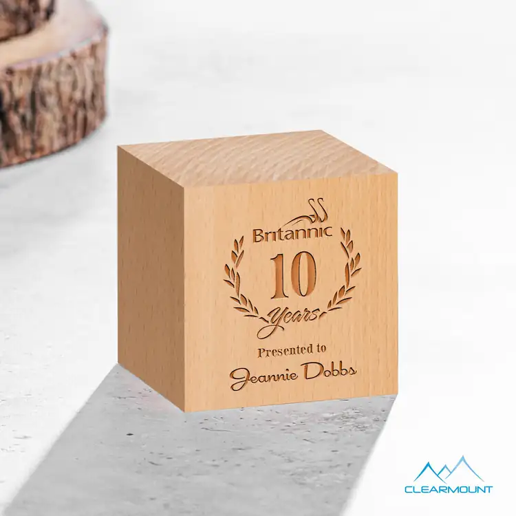 Clearmount Feuille Wooden Cube Award - Laser Engraved #3