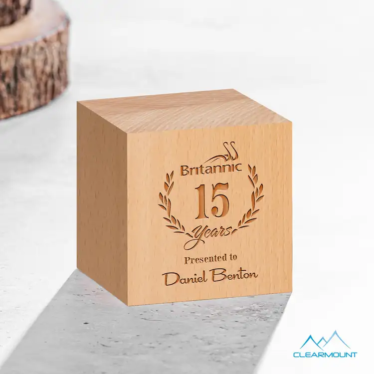 Clearmount Feuille Wooden Cube Award - Laser Engraved #4