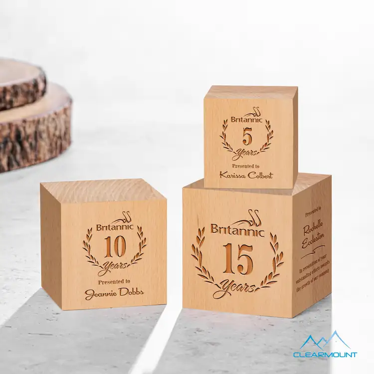 Clearmount Feuille Wooden Cube Award - Laser Engraved