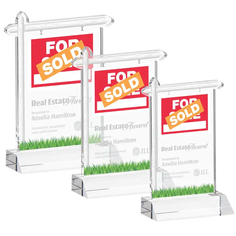 Trophée enseigne immobilière en cristal Starfire - Gravure
