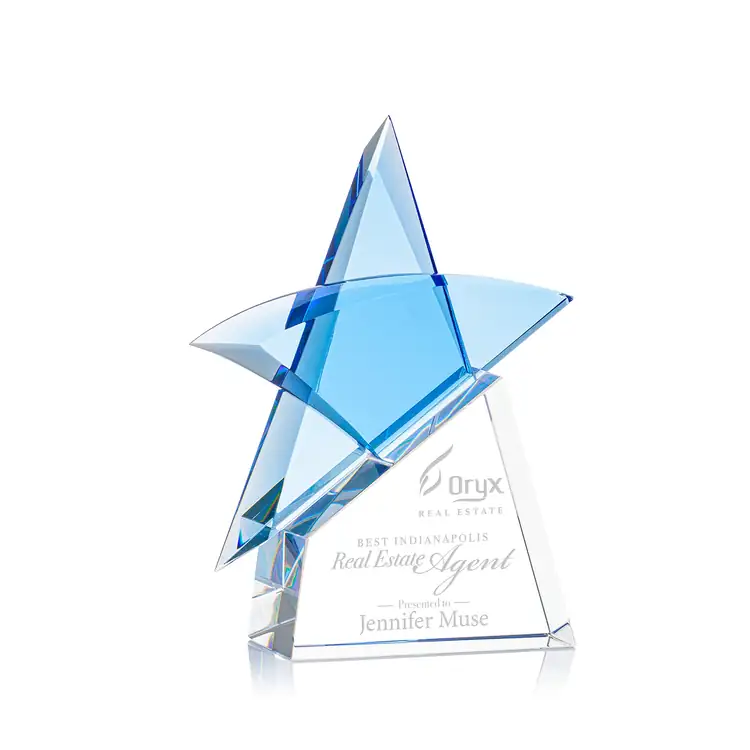 Benita Blue Crystal Star Award on Clear Base - Deep Etch #2