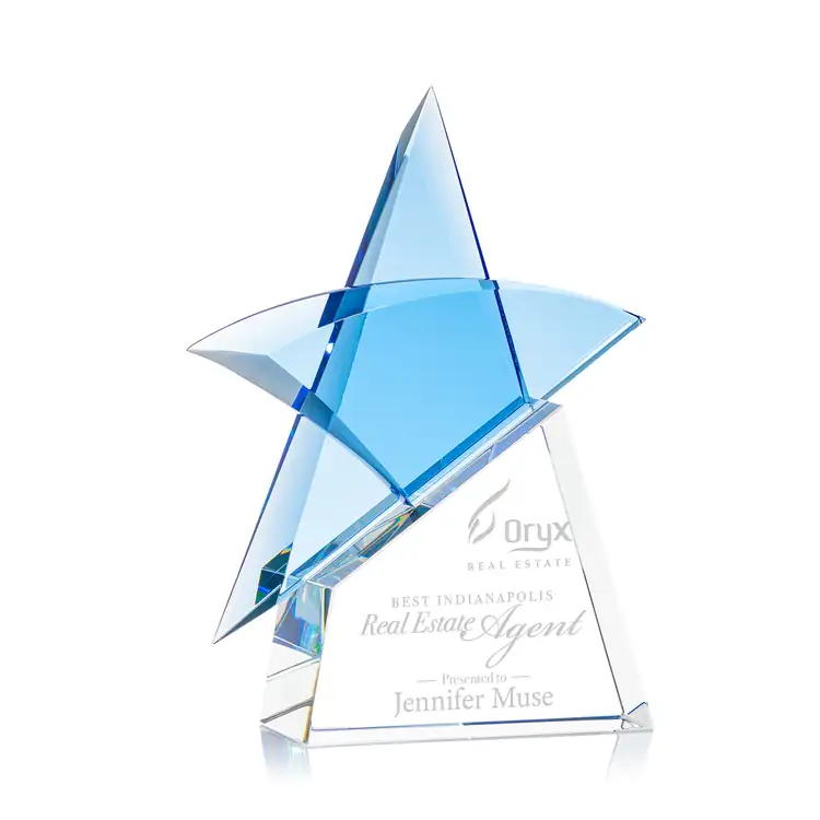 Benita Blue Crystal Star Award on Clear Base - Deep Etch #3
