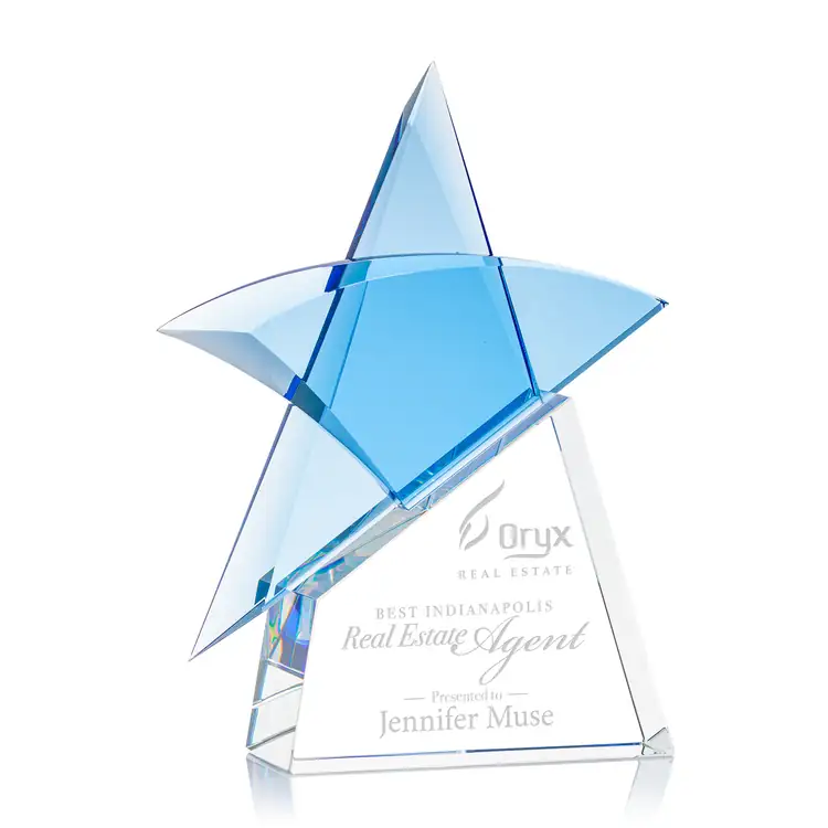 Benita Blue Crystal Star Award on Clear Base - Deep Etch #4