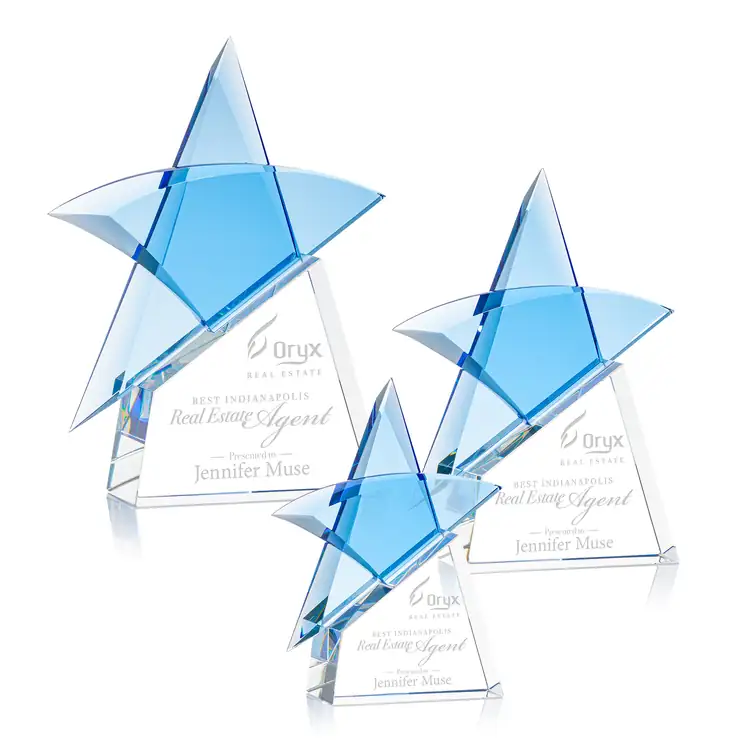 Benita Blue Crystal Star Award on Clear Base - Deep Etch