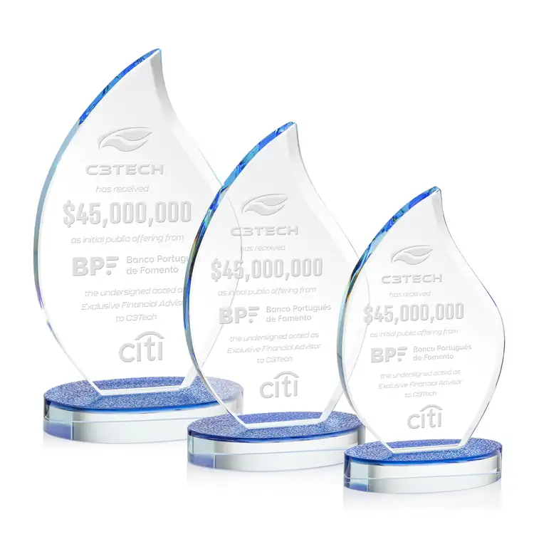 Headley Flame Starfire Crystal Award on Blue Base - Deep Etch
