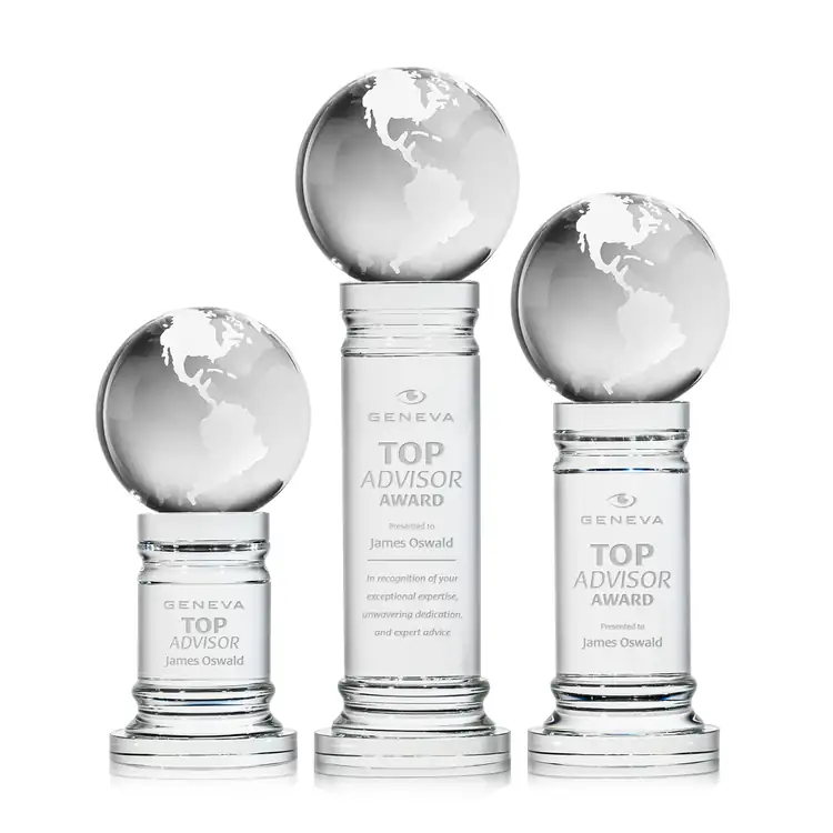 Optical Crystal Globe Award on Colverstone Base - Deep Etch