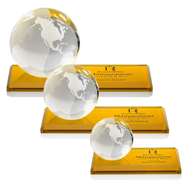 Optical Crystal Globe Award on Rectangle Base - Engraving and Printing