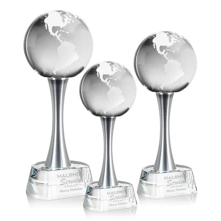 Optical Crystal Globe Award on Willshire Base - Deep Etch