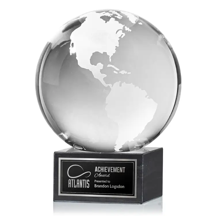Globe Award on Square Marble Base - Optical Crystal, Marble & Stone - Engraved