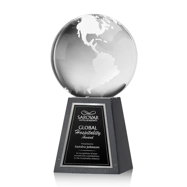 Trophée globe en cristal optique sur socle haut en marbre - Gravure #2