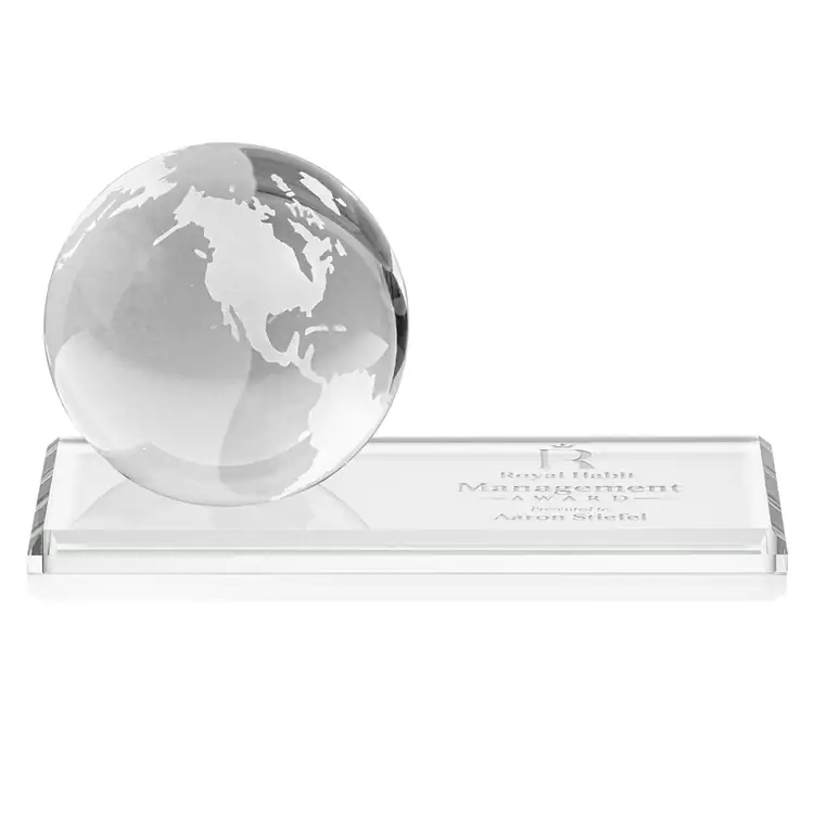 Optical Crystal Globe Award on Rectangle Base - Deep Etch #2