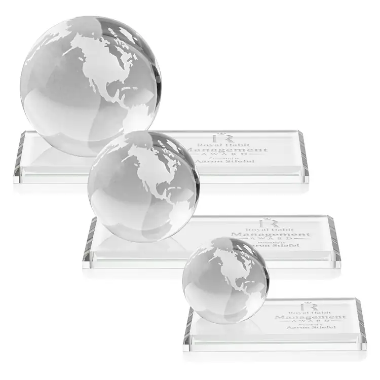 Optical Crystal Globe Award on Rectangle Base - Deep Etch