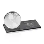 Trophée globe en cristal optique sur socle rectangulaire en marbre - Gravure et couleur