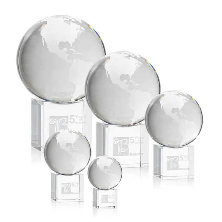 Optical Crystal Globe on Cube Award - Deep Etch