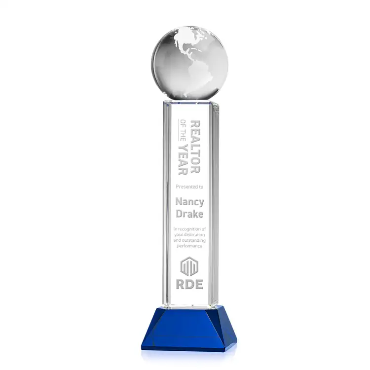 Optical Crystal Globe Award on Stowe Base - Deep Etch #4