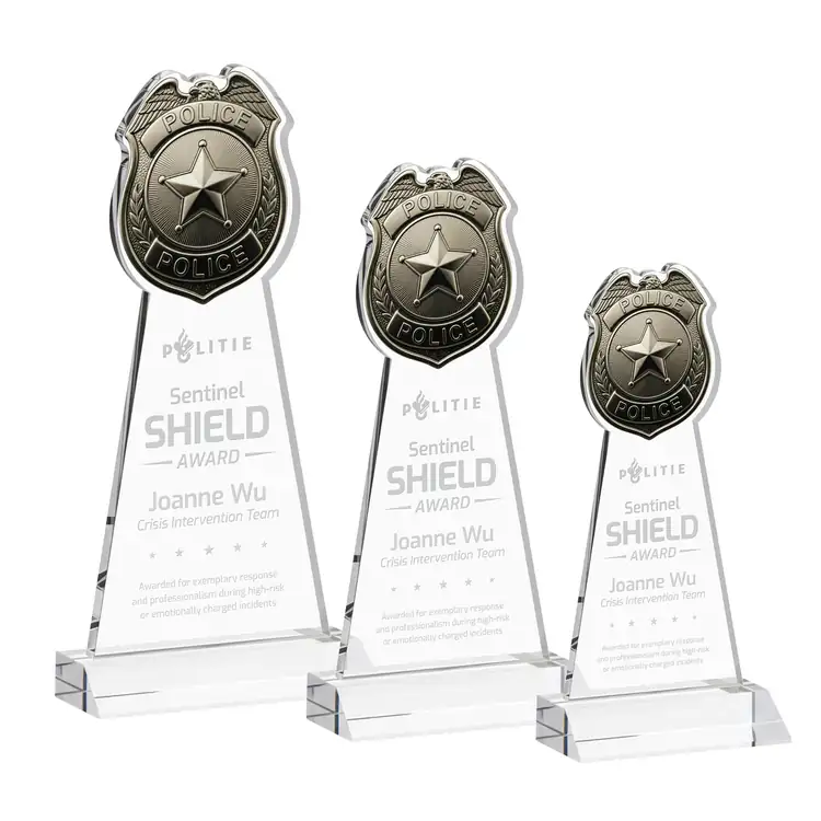 Police Badge Starfire Crystal Award - Deep Etch