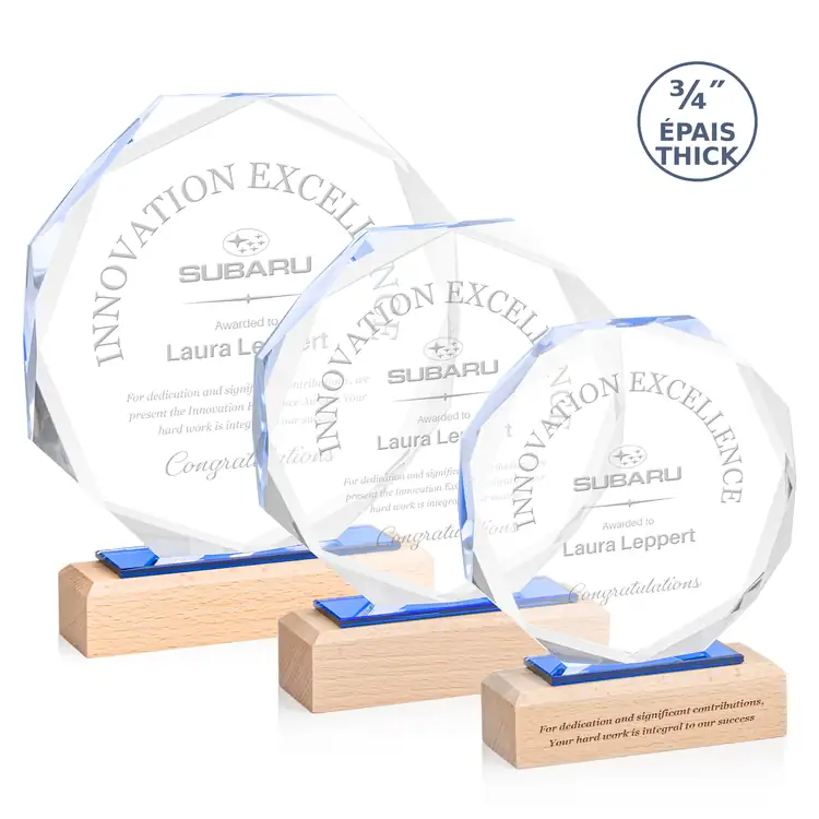 Mallorca Octagonal Starfire Crystal Award on Beechwood Base