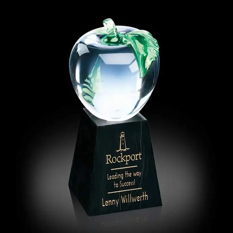 Apple Glass Award on Tall Marble Base - Deep Etch & Print #2
